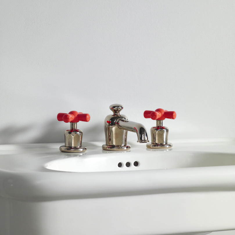 Rockwell 3 hole basin mixer with low spout & metal/coloured crosshead taps