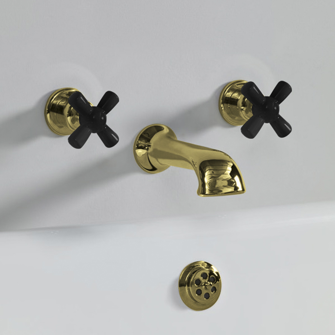 Rockwell wall wounted bath mixer with 210mm cast spout & metal/coloured crosshead taps