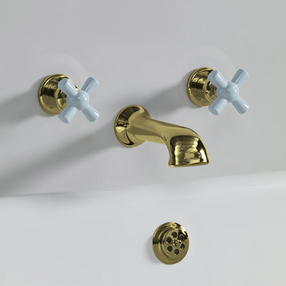 Rockwell wall wounted bath mixer with 210mm cast spout & metal/coloured crosshead taps