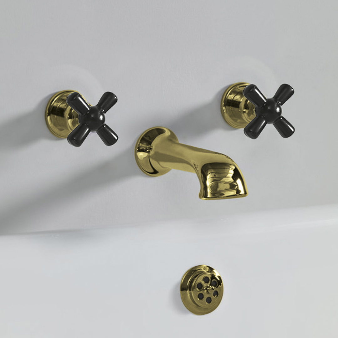 Rockwell wall wounted bath mixer with 210mm cast spout & metal/coloured crosshead taps