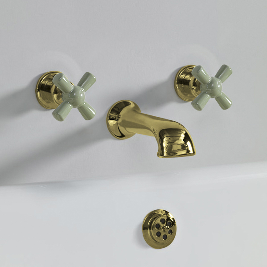 Rockwell wall wounted bath mixer with 210mm cast spout & metal/coloured crosshead taps