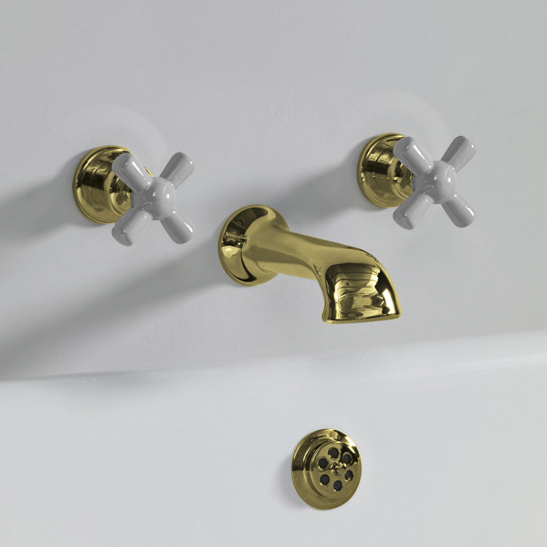 Rockwell wall wounted bath mixer with 210mm cast spout & metal/coloured crosshead taps