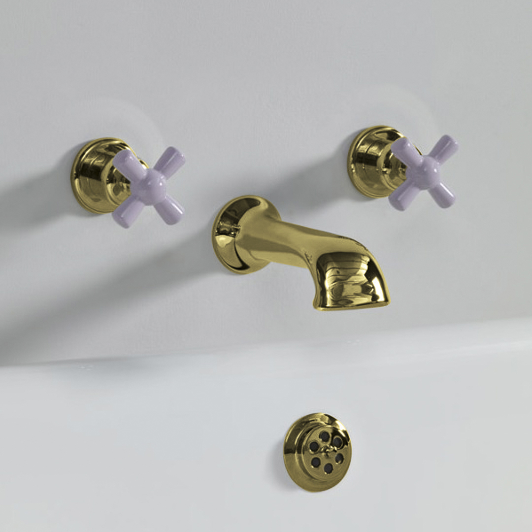 Rockwell wall wounted bath mixer with 210mm cast spout & metal/coloured crosshead taps
