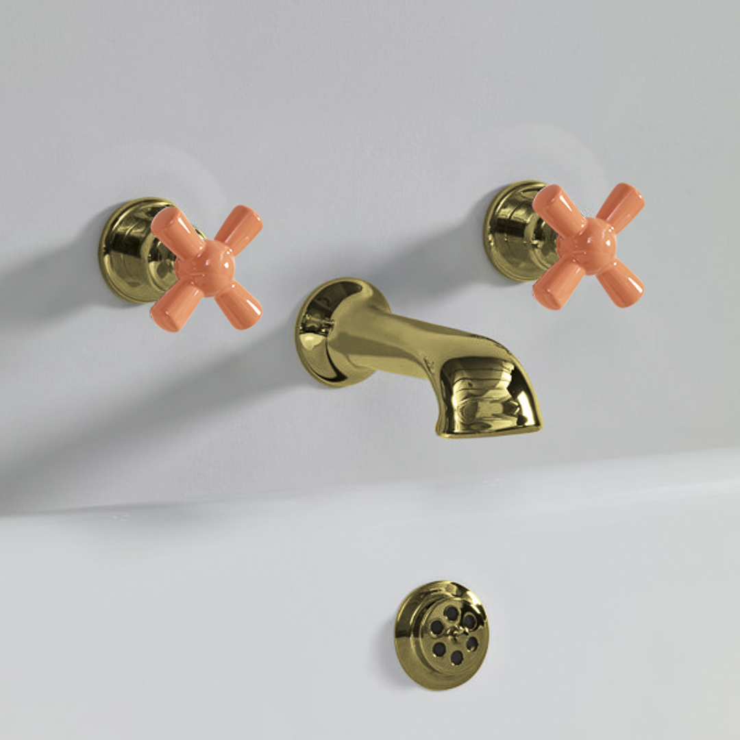 Rockwell wall wounted bath mixer with 210mm cast spout & metal/coloured crosshead taps