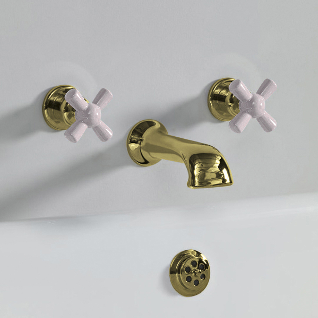 Rockwell wall wounted bath mixer with 210mm cast spout & metal/coloured crosshead taps