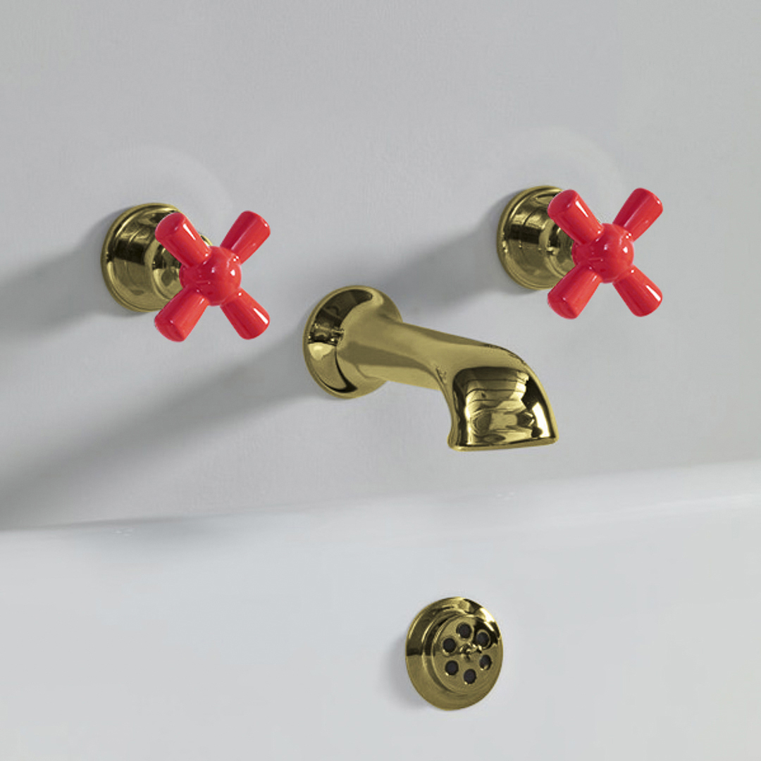 Rockwell wall wounted bath mixer with 210mm cast spout & metal/coloured crosshead taps