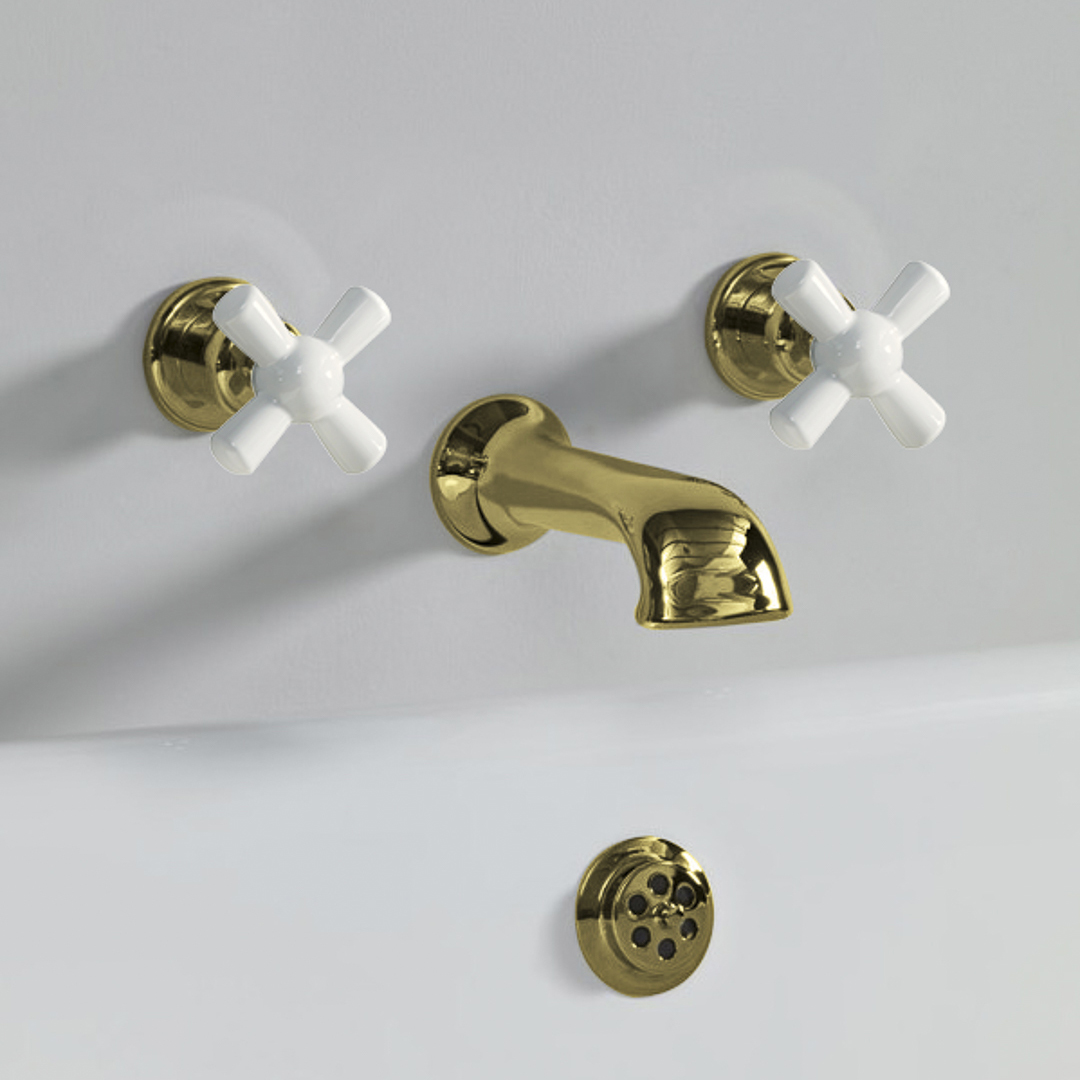 Rockwell wall wounted bath mixer with 210mm cast spout & metal/coloured crosshead taps
