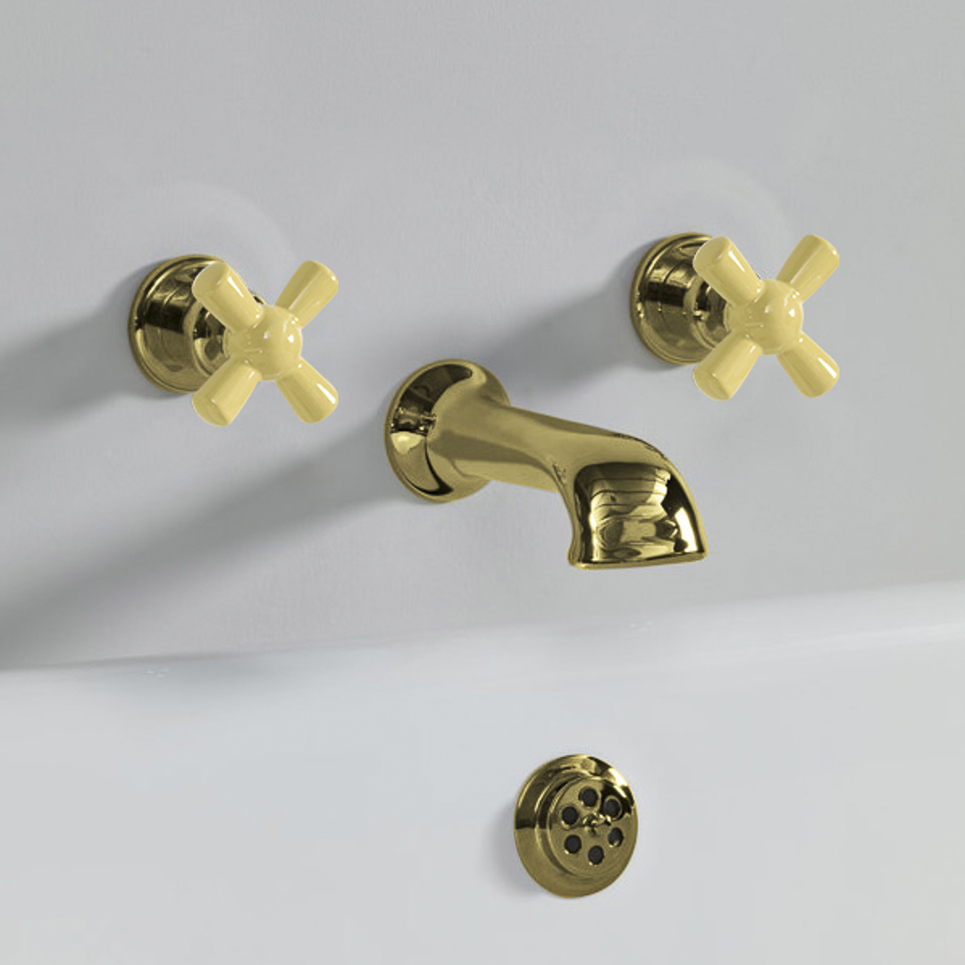 Rockwell wall wounted bath mixer with 210mm cast spout & metal/coloured crosshead taps