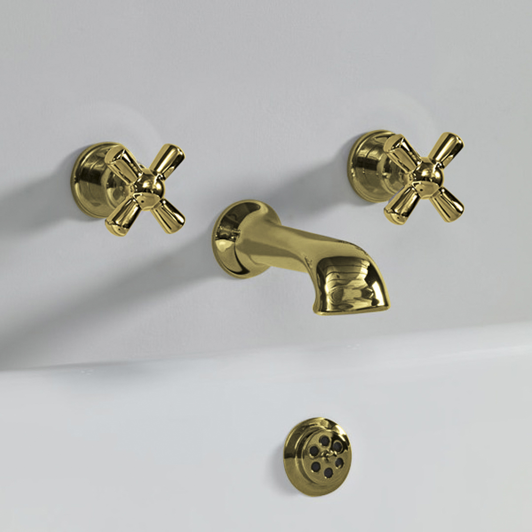 Rockwell wall wounted bath mixer with 210mm cast spout & metal/coloured crosshead taps
