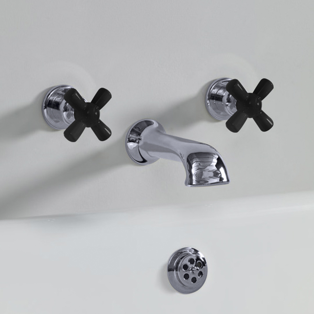 Rockwell wall wounted bath mixer with 210mm cast spout & metal/coloured crosshead taps