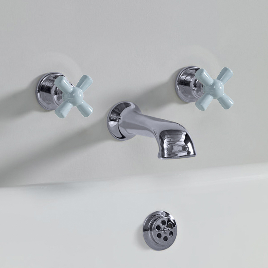 Rockwell wall wounted bath mixer with 210mm cast spout & metal/coloured crosshead taps
