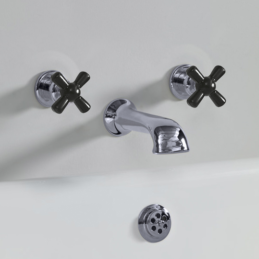 Rockwell wall wounted bath mixer with 210mm cast spout & metal/coloured crosshead taps