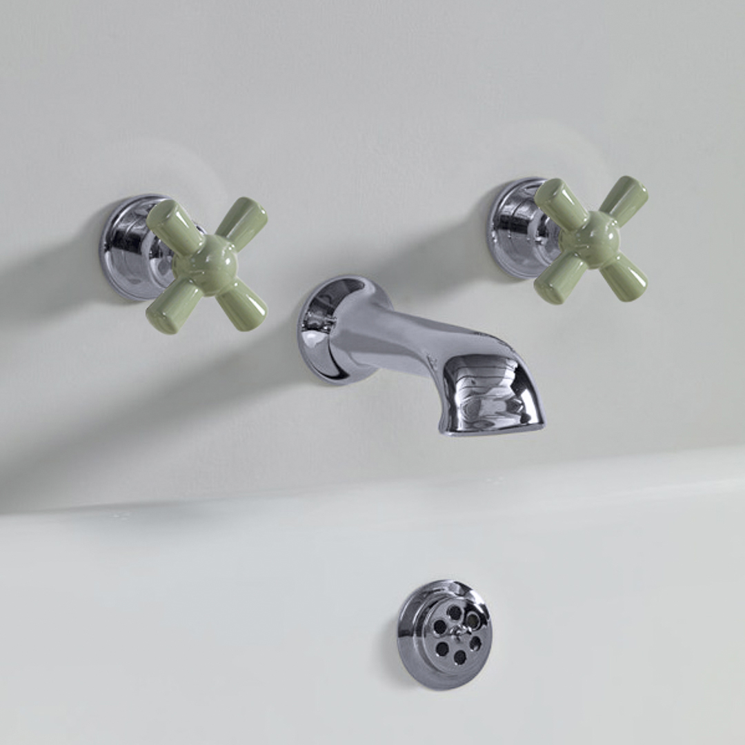 Rockwell wall wounted bath mixer with 210mm cast spout & metal/coloured crosshead taps