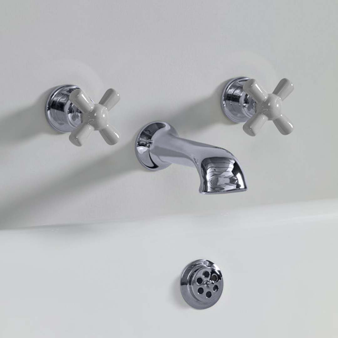 Rockwell wall wounted bath mixer with 210mm cast spout & metal/coloured crosshead taps