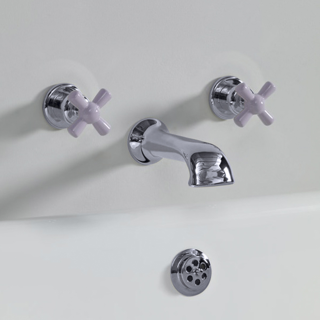 Rockwell wall wounted bath mixer with 210mm cast spout & metal/coloured crosshead taps