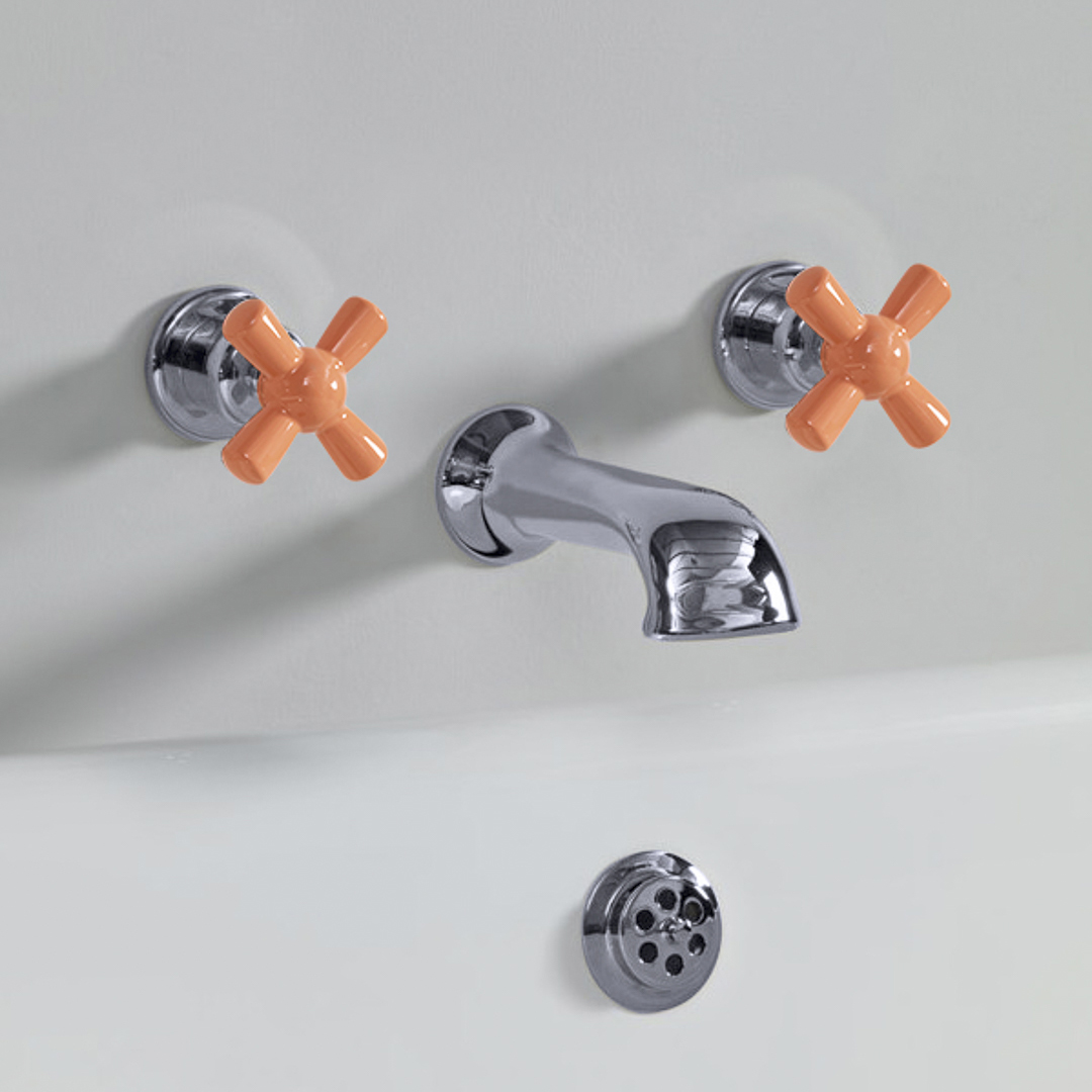 Rockwell wall wounted bath mixer with 210mm cast spout & metal/coloured crosshead taps