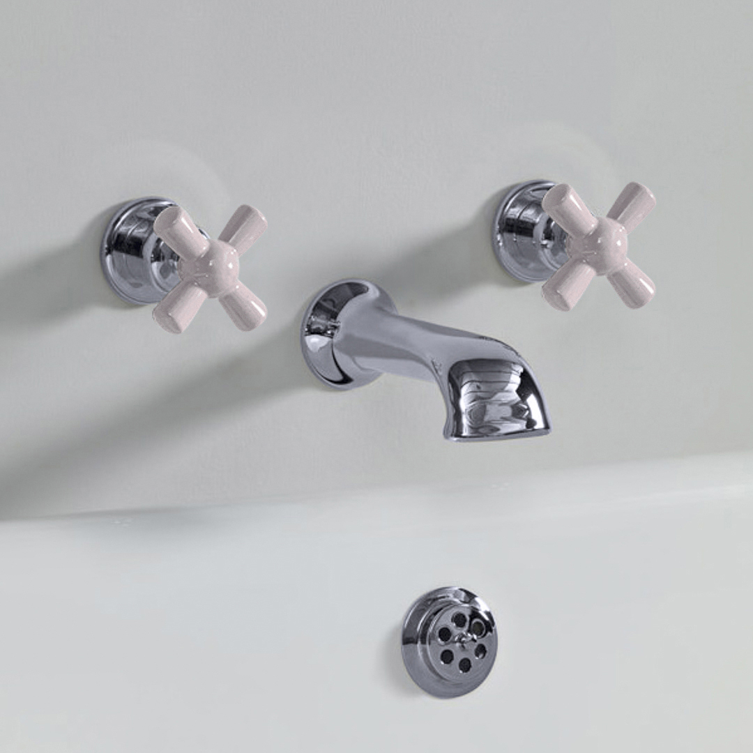 Rockwell wall wounted bath mixer with 210mm cast spout & metal/coloured crosshead taps
