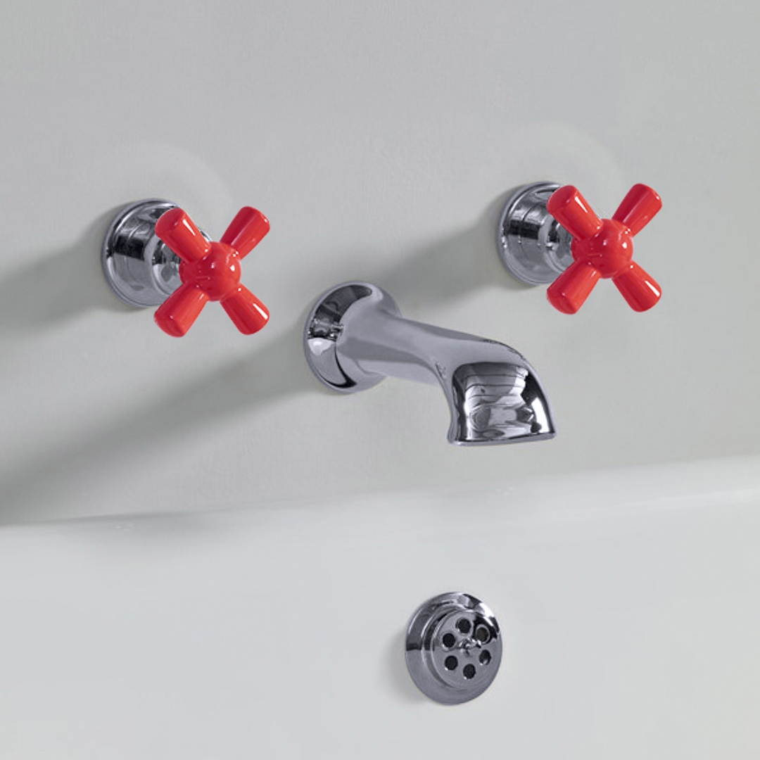Rockwell wall wounted bath mixer with 210mm cast spout & metal/coloured crosshead taps