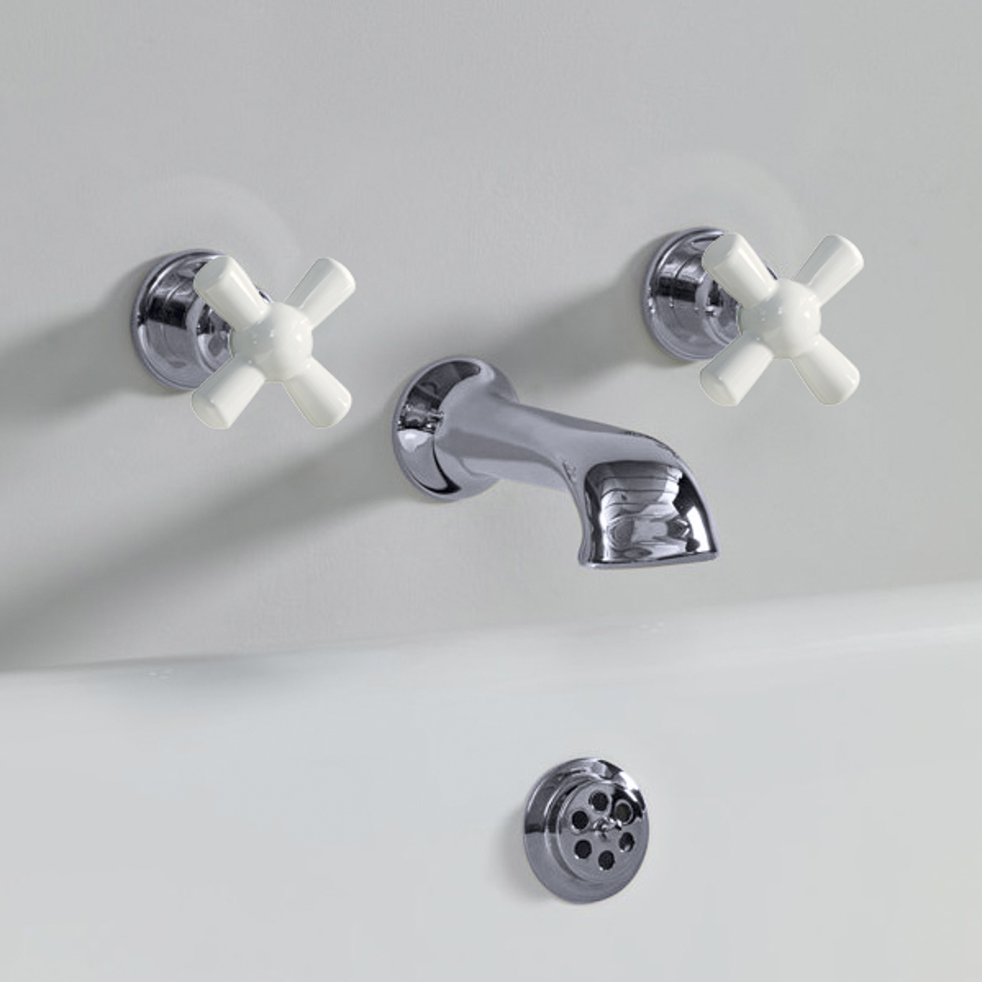 Rockwell wall wounted bath mixer with 210mm cast spout & metal/coloured crosshead taps