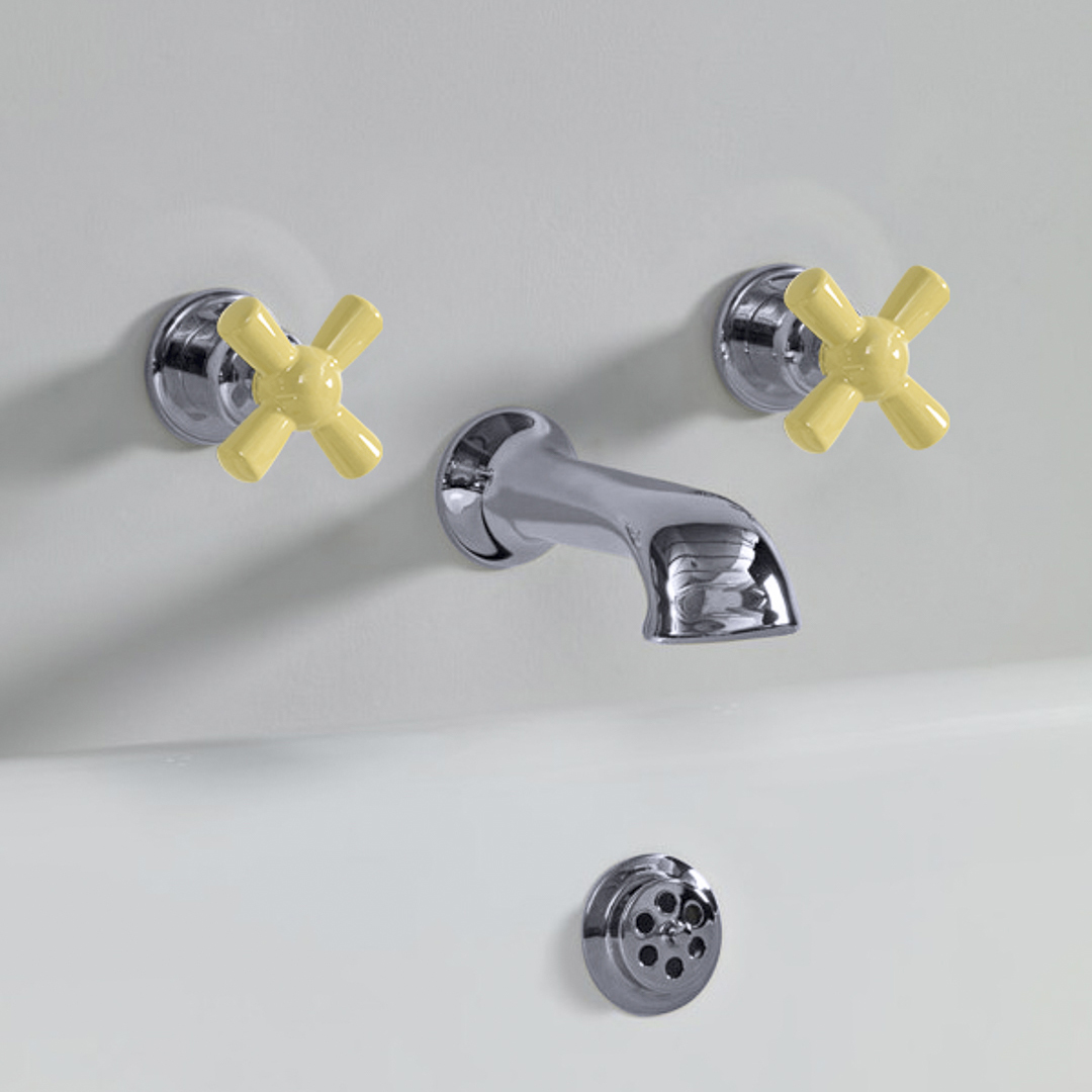 Rockwell wall wounted bath mixer with 210mm cast spout & metal/coloured crosshead taps