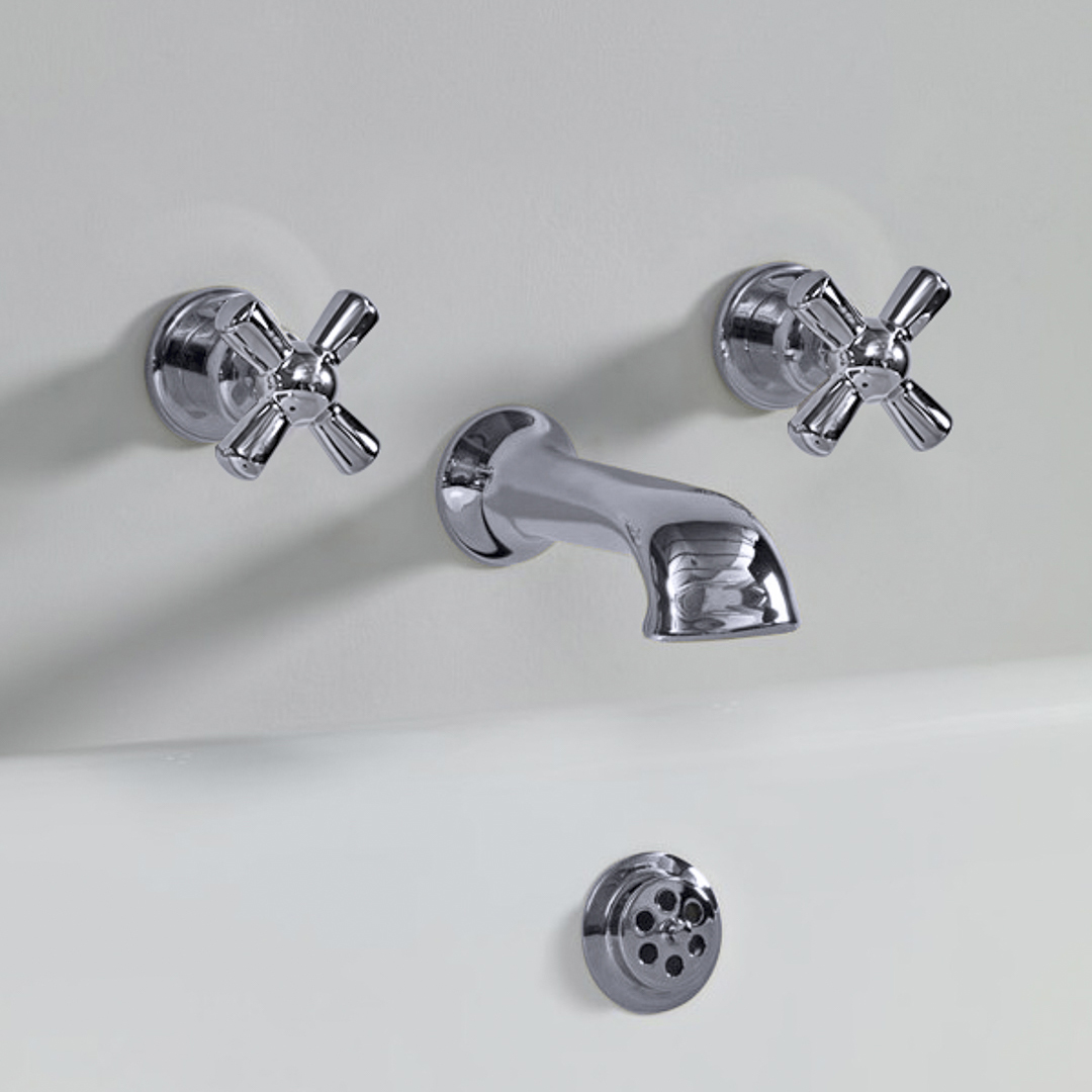 Rockwell wall wounted bath mixer with 210mm cast spout & metal/coloured crosshead taps