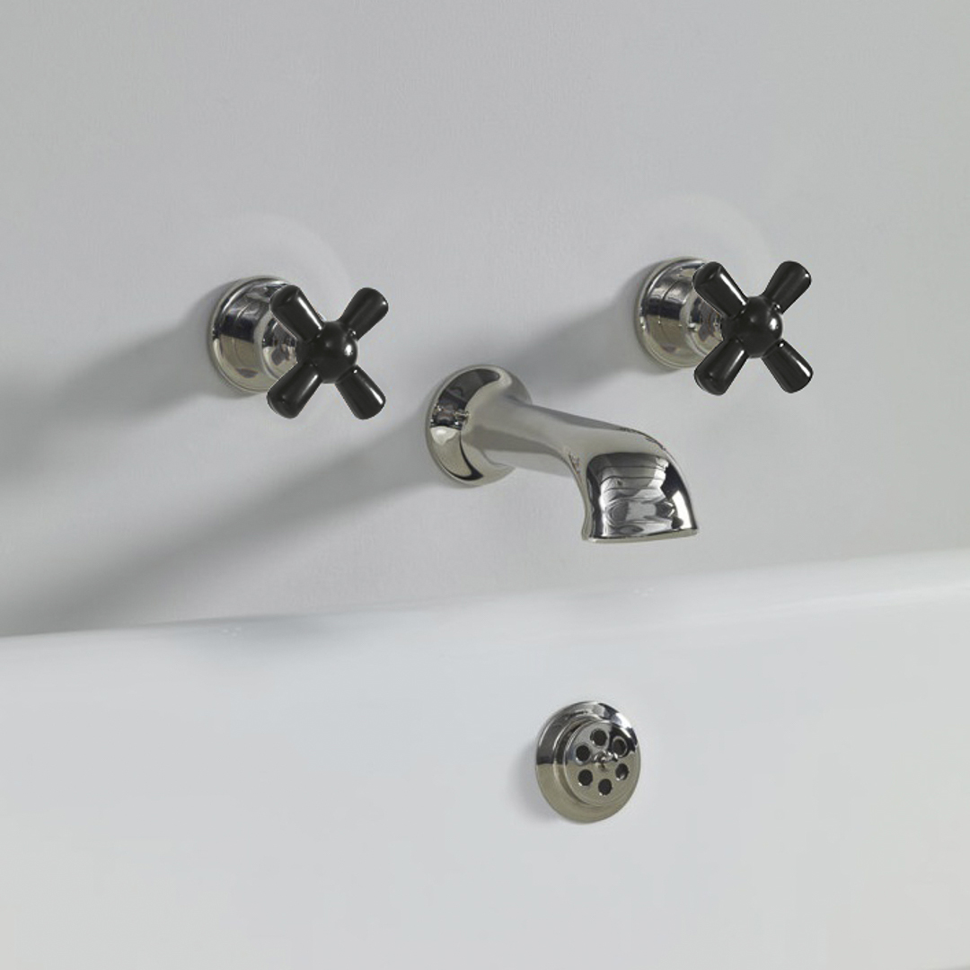 Rockwell wall wounted bath mixer with 210mm cast spout & metal/coloured crosshead taps