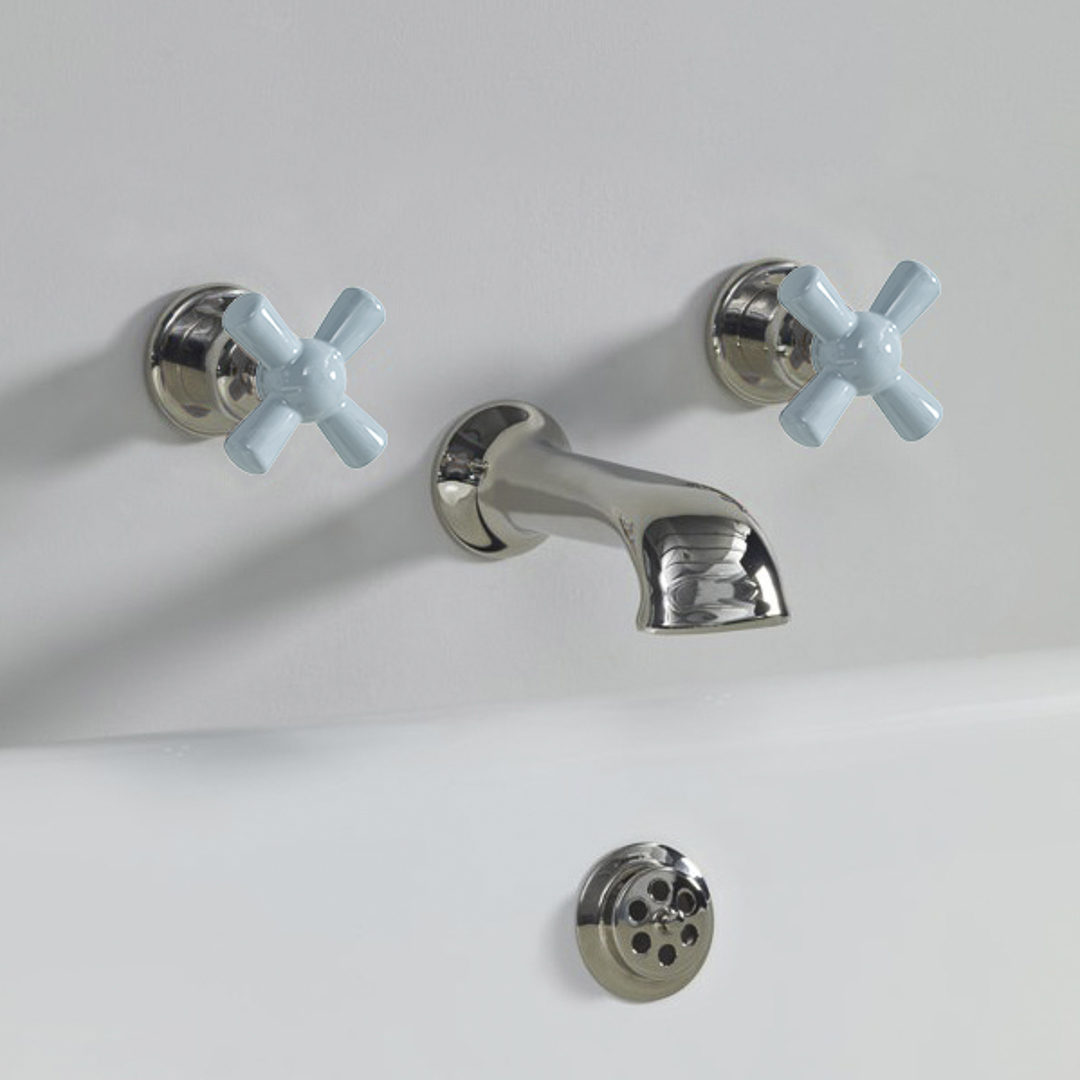 Rockwell wall wounted bath mixer with 210mm cast spout & metal/coloured crosshead taps