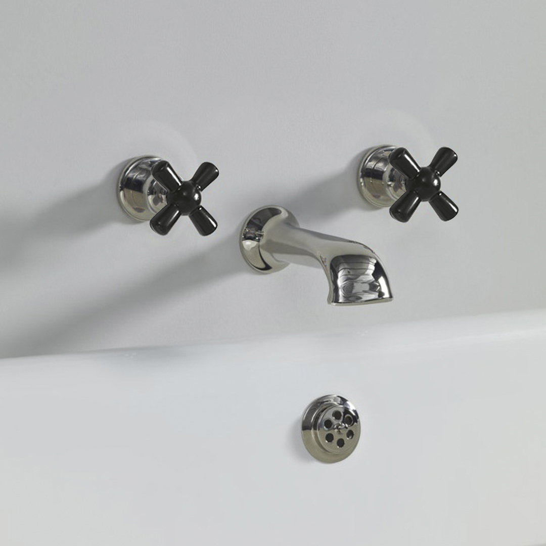 Rockwell wall wounted bath mixer with 210mm cast spout & metal/coloured crosshead taps