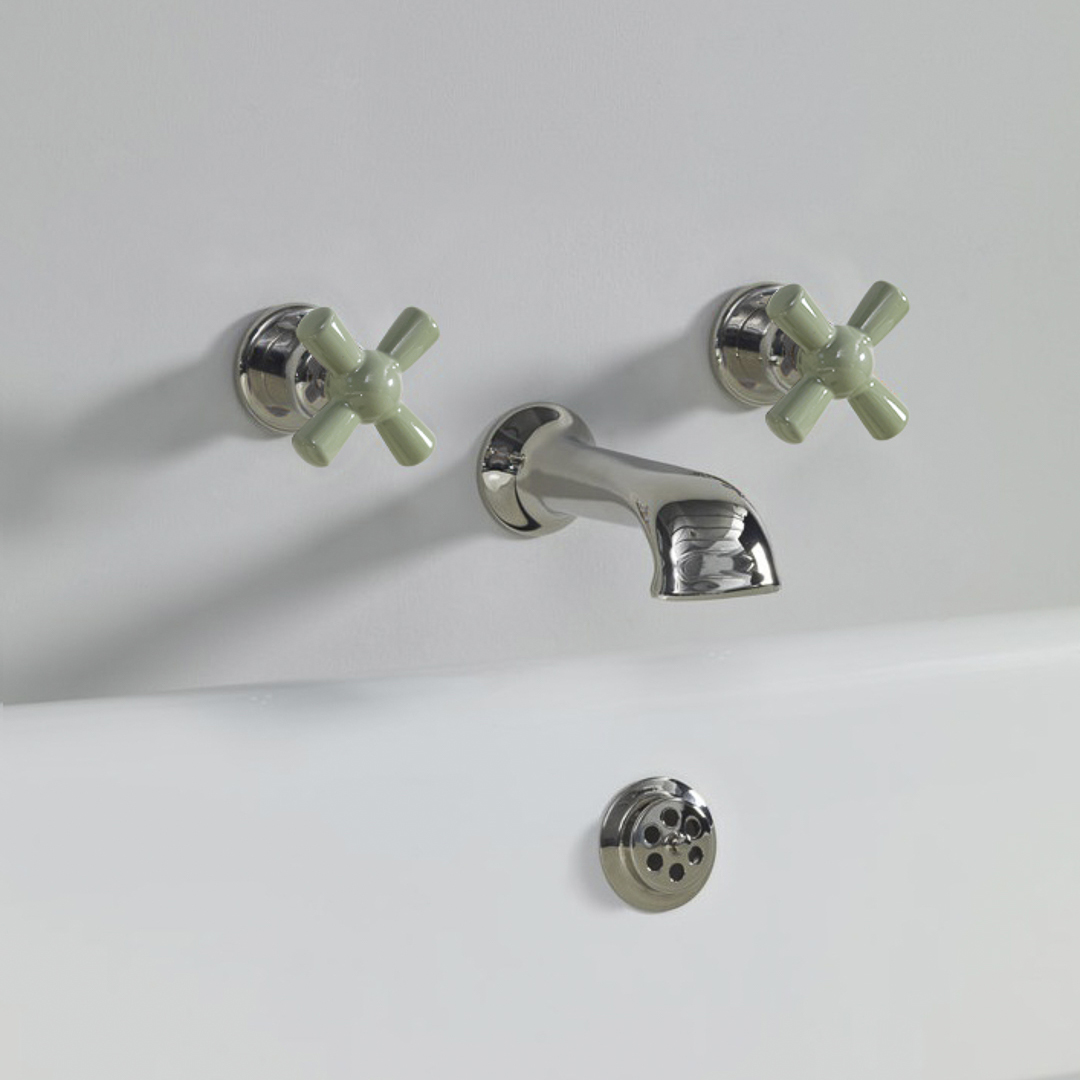 Rockwell wall wounted bath mixer with 210mm cast spout & metal/coloured crosshead taps