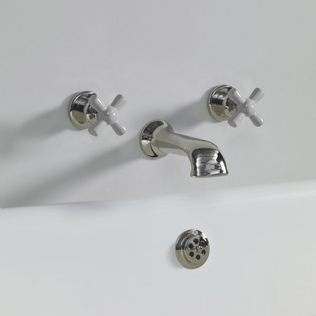 Rockwell wall wounted bath mixer with 210mm cast spout & metal/coloured crosshead taps