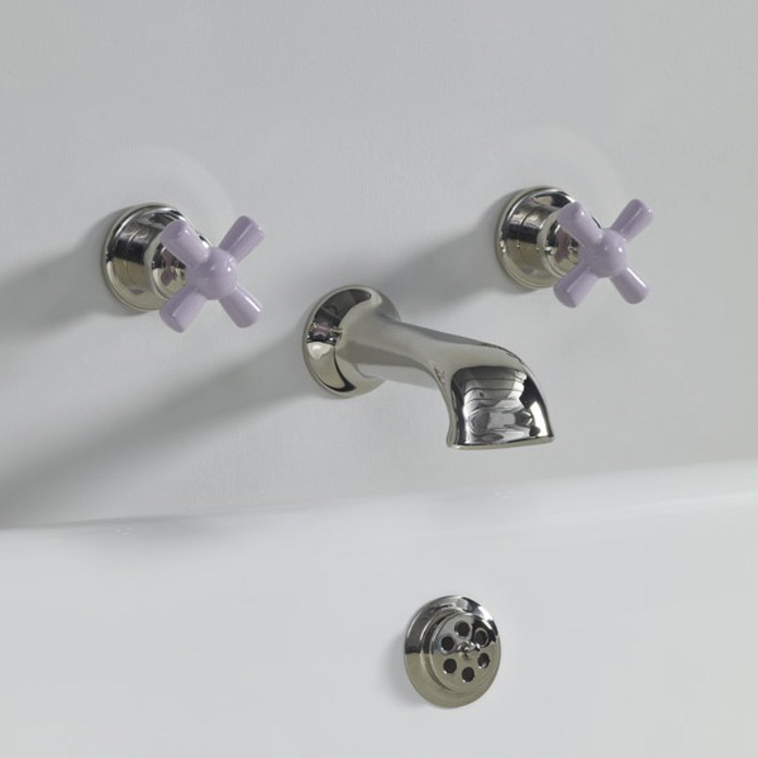 Rockwell wall wounted bath mixer with 210mm cast spout & metal/coloured crosshead taps