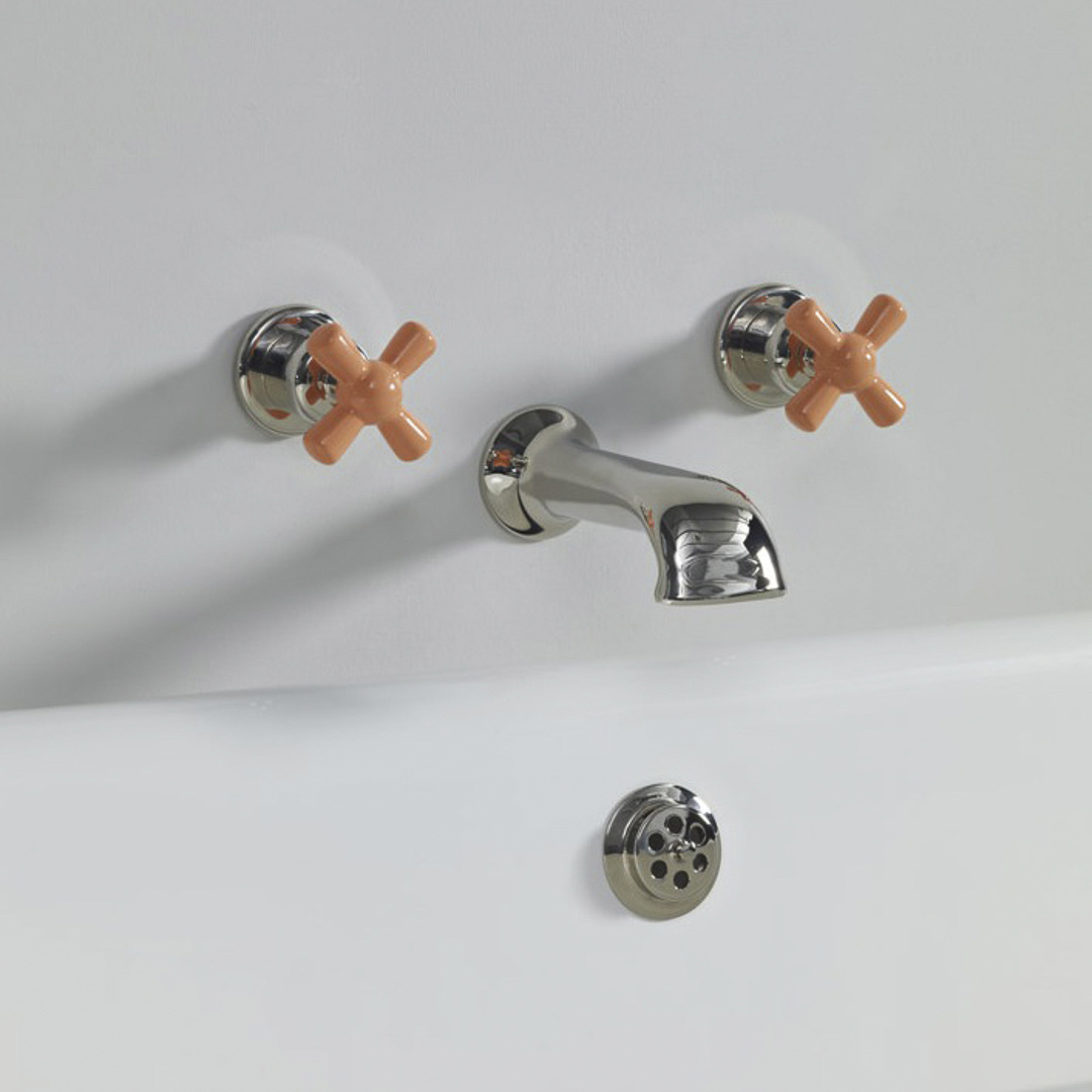 Rockwell wall wounted bath mixer with 210mm cast spout & metal/coloured crosshead taps