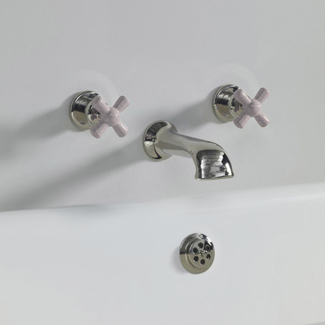 Rockwell wall wounted bath mixer with 210mm cast spout & metal/coloured crosshead taps