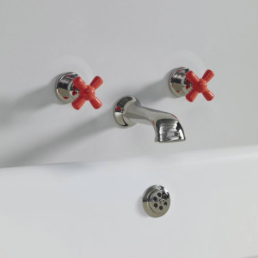 Rockwell wall wounted bath mixer with 210mm cast spout & metal/coloured crosshead taps