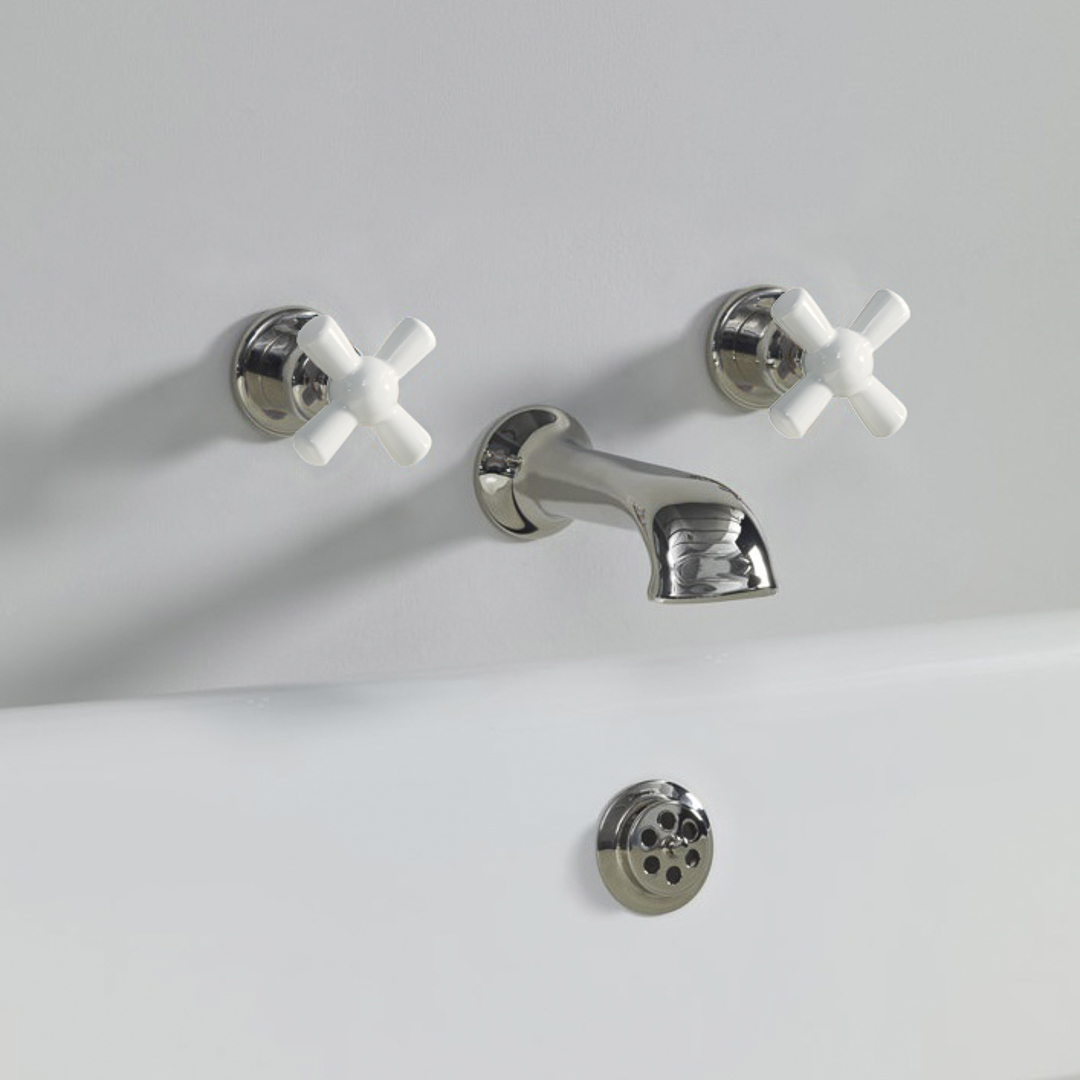 Rockwell wall wounted bath mixer with 210mm cast spout & metal/coloured crosshead taps