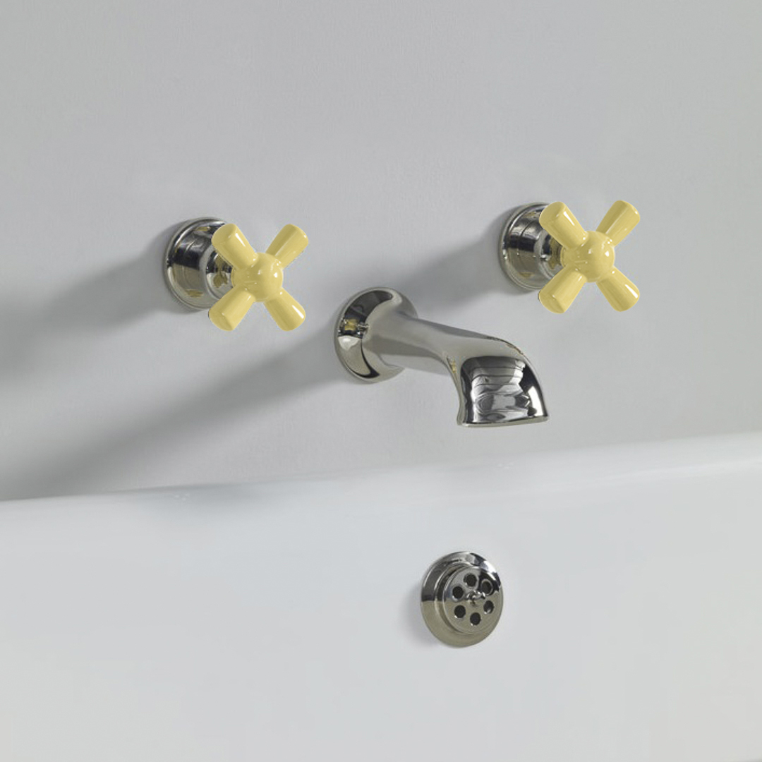 Rockwell wall wounted bath mixer with 210mm cast spout & metal/coloured crosshead taps