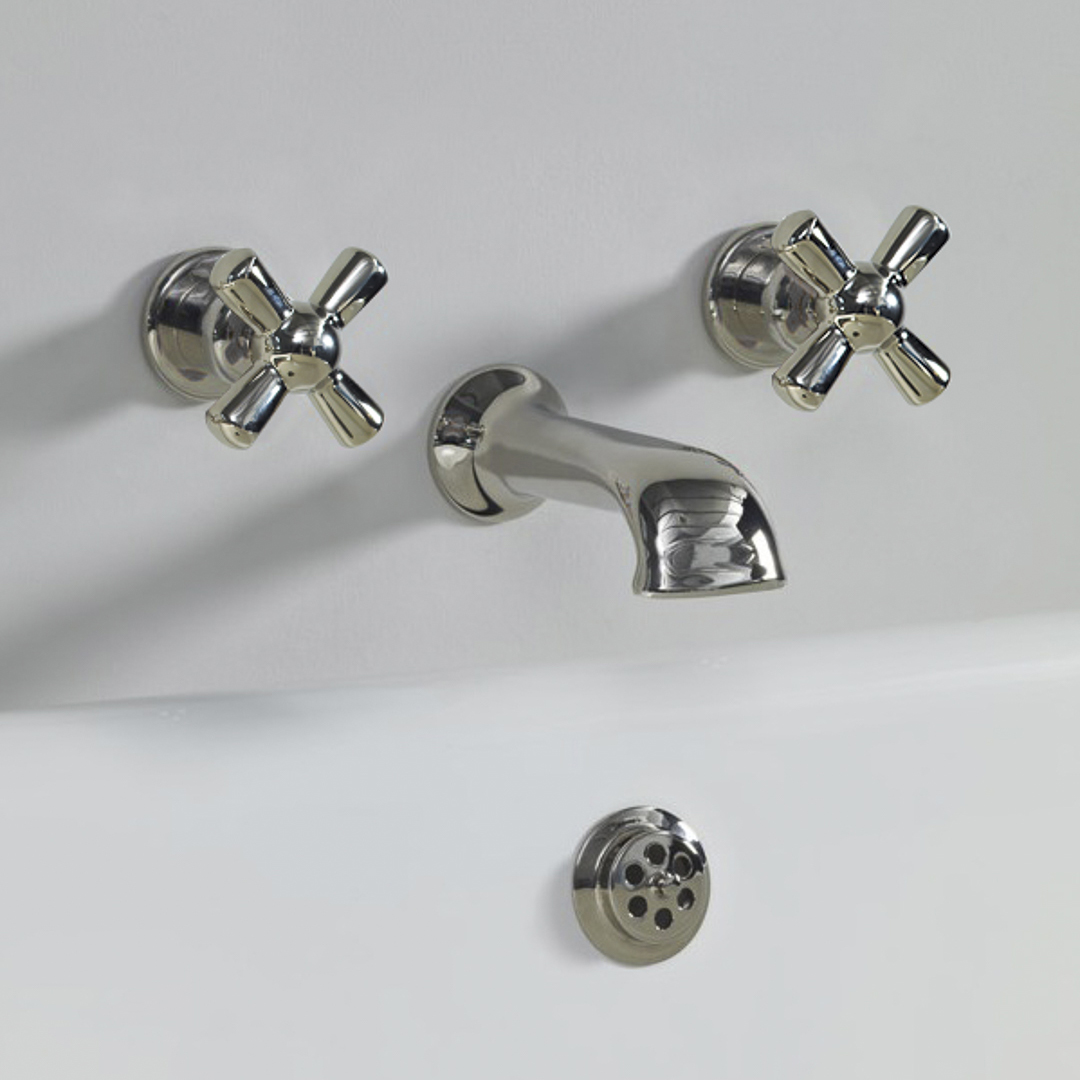 Rockwell wall wounted bath mixer with 210mm cast spout & metal/coloured crosshead taps
