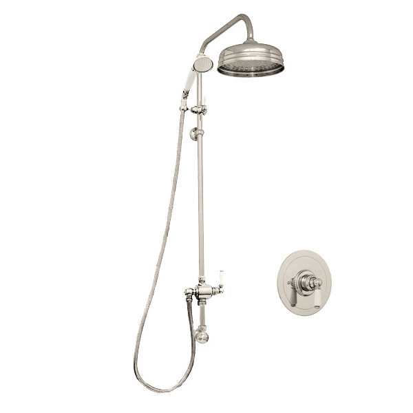 Traditional shower layout - exposed pipe, rose, handshower & levers