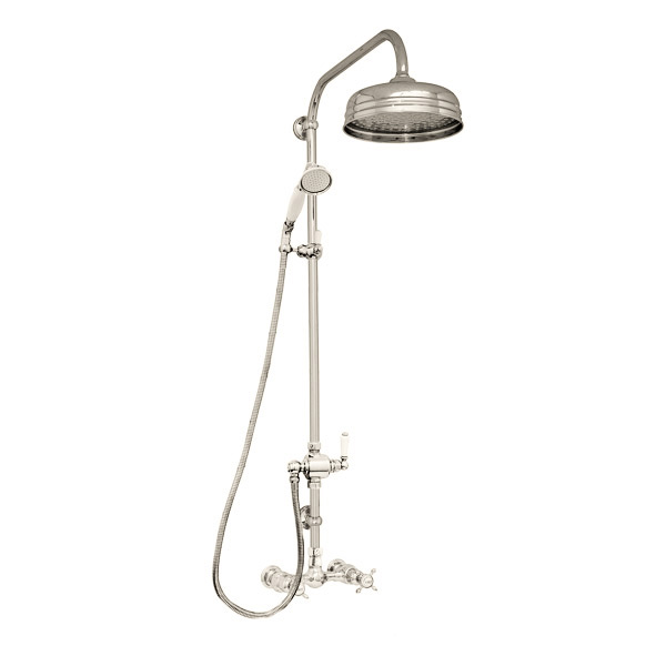 Traditional shower layout - exposed pipe, rose, handshower on rail & mixer