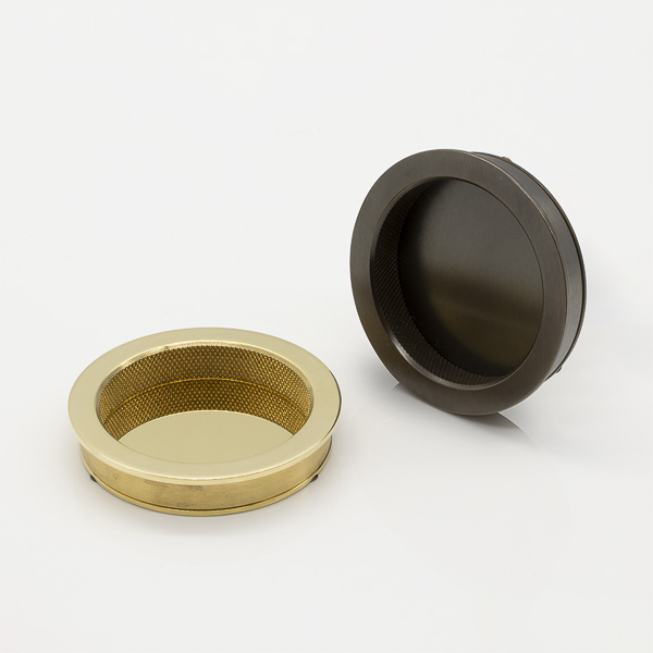 Round solid brass recessed pull with diamond knurl