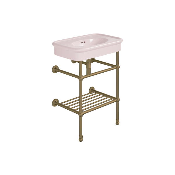 Rockwell 610mm Pale Pink basin on basin stand with shelf. Zero, one or three tap holes.