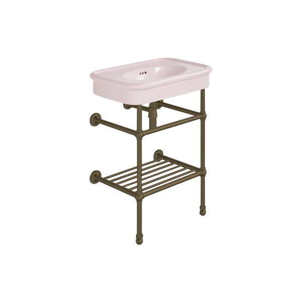 Rockwell 610mm Pale Pink basin on basin stand with shelf. Zero, one or three tap holes.