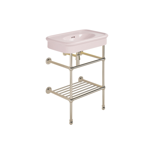 Rockwell 610mm Pale Pink basin on basin stand with shelf. Zero, one or three tap holes.