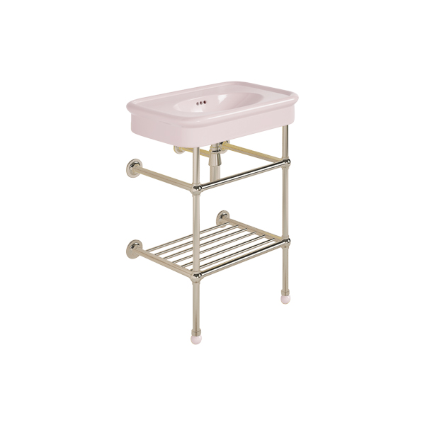 Rockwell 610mm Pale Pink basin on basin stand with shelf. Zero, one or three tap holes.