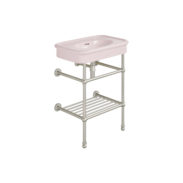 Rockwell 610mm Pale Pink basin on basin stand with shelf. Zero, one or three tap holes.