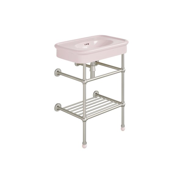 Rockwell 610mm Pale Pink basin on basin stand with shelf. Zero, one or three tap holes.