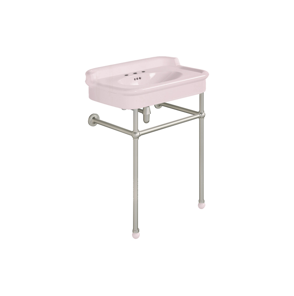 Rockwell 680mm Pale Pink basin with upstand on basin stand. Zero, one or three tap holes.