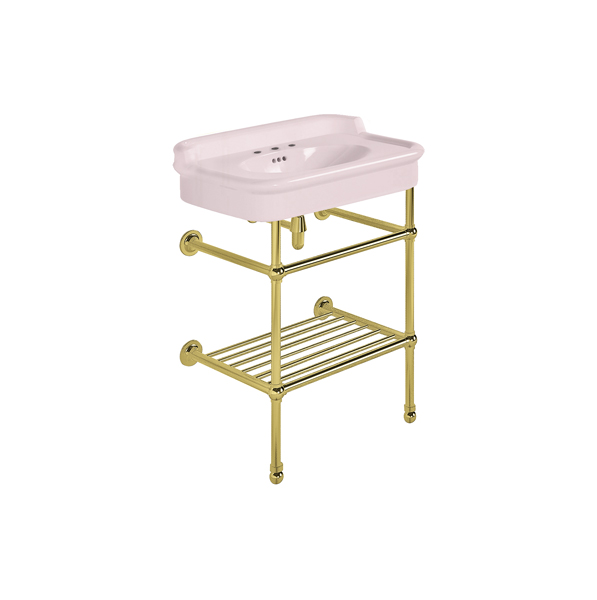 Rockwell 680mm Pale Pink basin with upstand on basin stand with shelf. Zero, one or three tap holes.