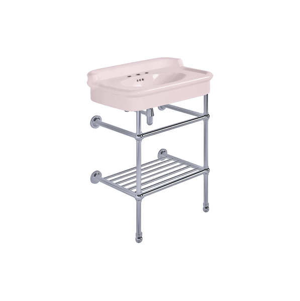 Rockwell 680mm Pale Pink basin with upstand on basin stand with shelf. Zero, one or three tap holes.
