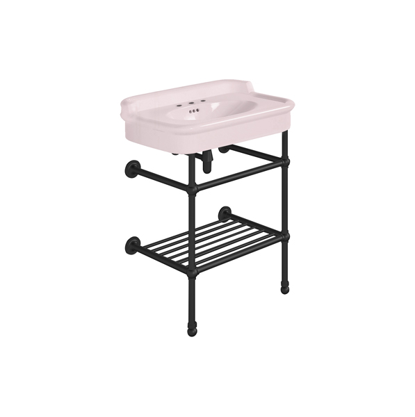 Rockwell 680mm Pale Pink basin with upstand on basin stand with shelf. Zero, one or three tap holes.